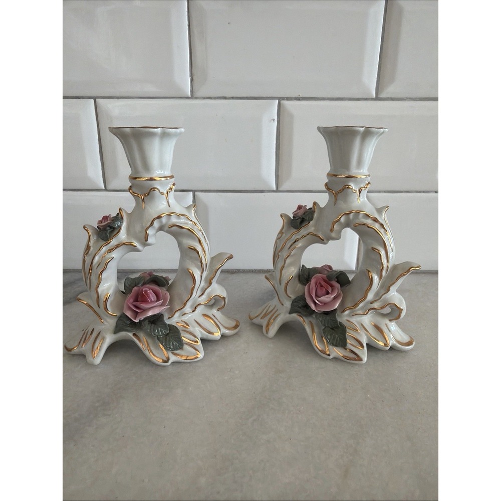Set Of 2 Vintage Dresden White Porcelain Rose Candle Holder OLA0001